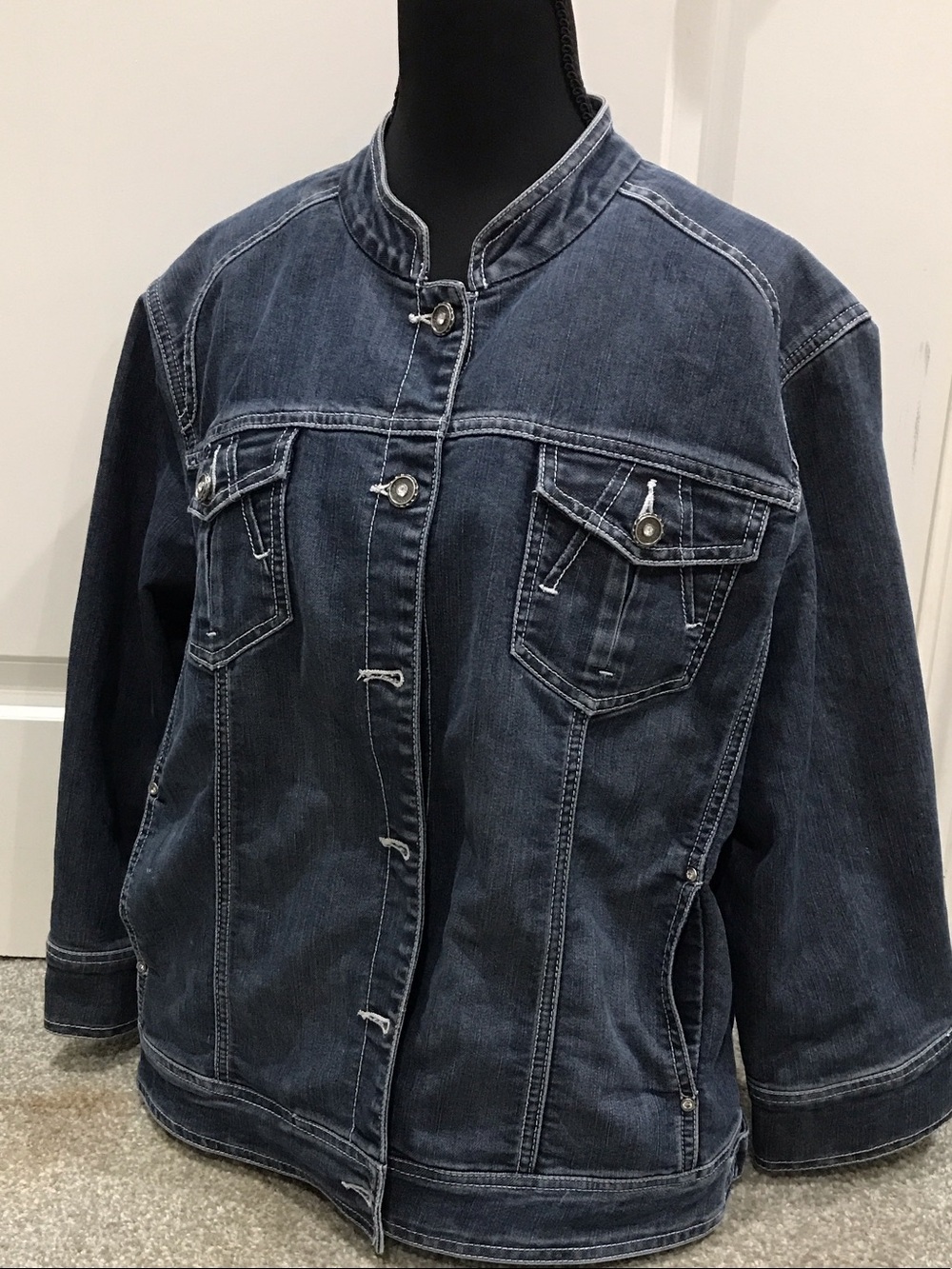 Chico's Dark Blue Denim Collarless Jean Jacket